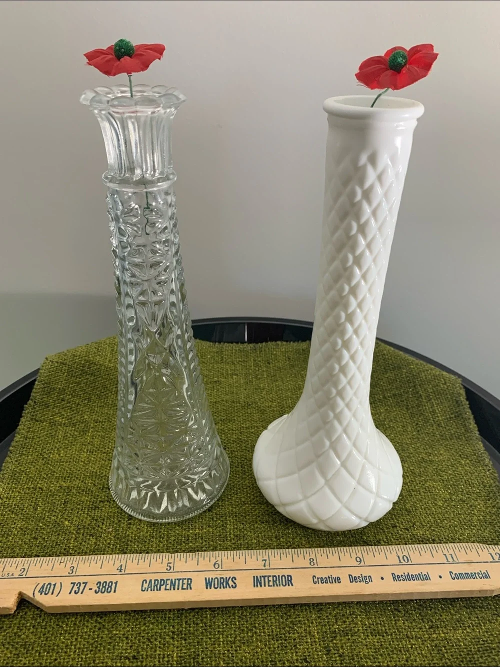 Anchor Hocking Clear & Hoosier Glass Milk White Pressed Glass Bud Vase Pair